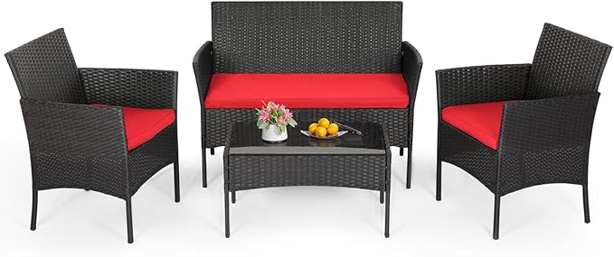 FDW | 4-Piece Patio Furniture Set | Red | Outdoor Wicker Furniture with Coffee Table | Modern Rattan Chairs Conversation Set | Outdoor Seating | Weather-Resistant | for Porch, Garden, Lawn