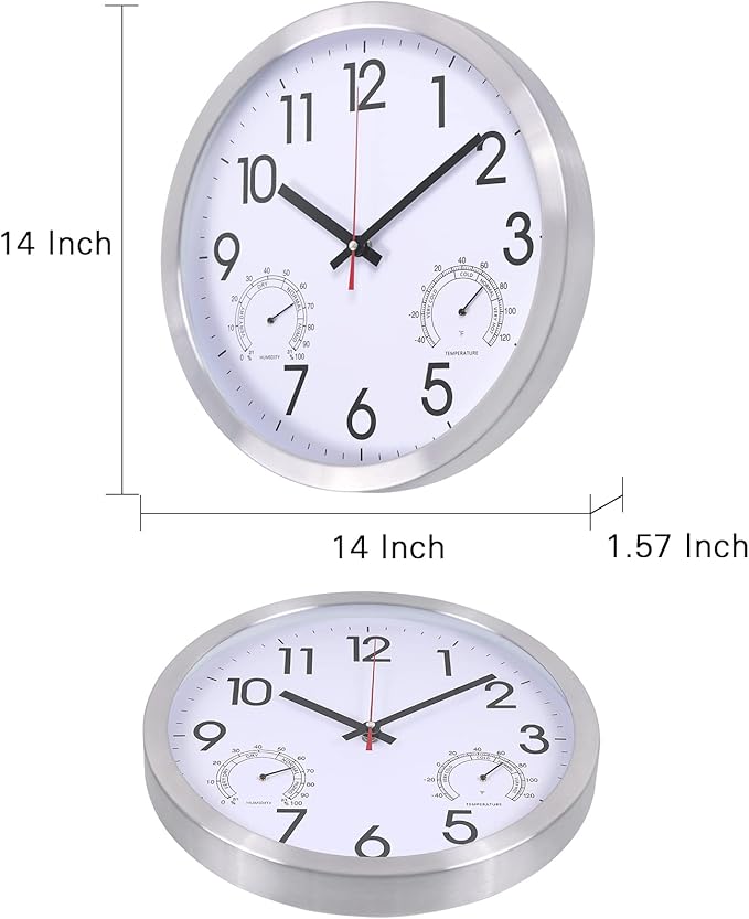 14Inch Wall Clock Battery Operated Aluminum Frame Wall Clocks, Silent Wall Clocks with Temperature & Humidity, Decorative for Home Housewarming Living Room