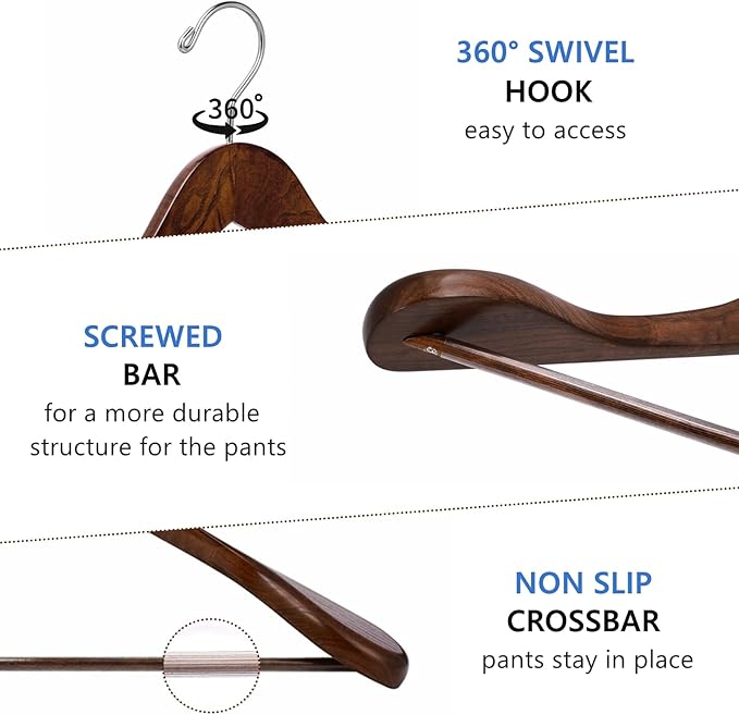 Amber Home 6 Pack Walnut Wide Shoulder Wooden Suit Coat Hangers with Non Slip Pants Bar, Solid Wood Jacket Clothes Hangers Smooth Finish for Sweater, Pants, Heavy Clothes (Walnut, 6 Pack)
