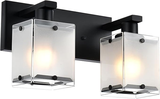 Black Wall Sconce Lighting, 2-Light Bathroom Vanity Light Fixture Wall Mount Lamp Over Mirror for Bedroom Bedside Studty Living Room, Rectangular Frosted Glass Shade