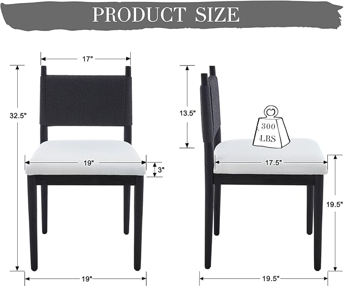 CIMOTA Black Dining Chairs Set of 2, Mid Century Modern Upholstered Dining Room Chairs with Woven Back, Armless Kitchen Chairs with Solid Wood Legs,Linen Beige