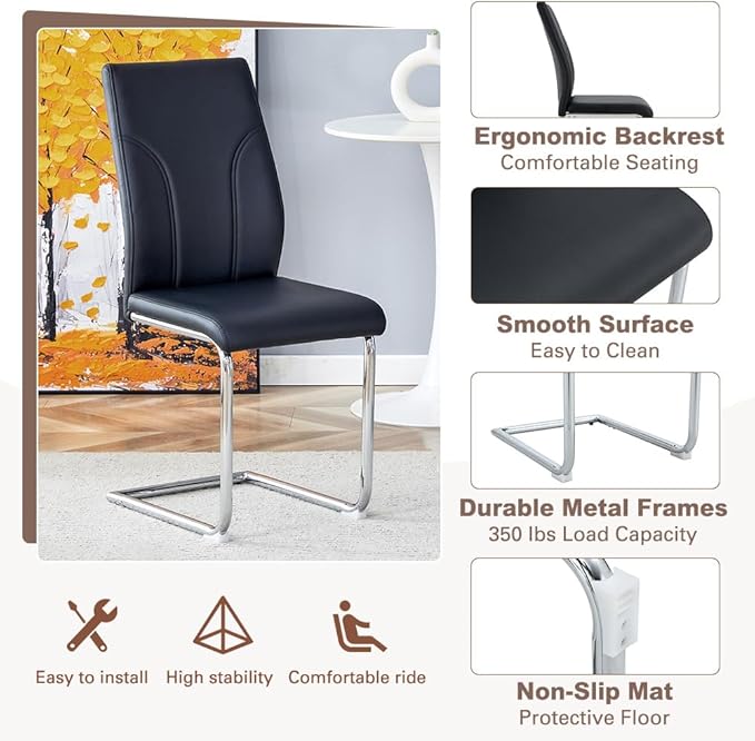 64.5" Black Dining Table Set for 4, Modern Kitchen Table and Chairs Set with PU Leather Cushioned Chairs & Decorative Pedestal Base, 5 Piece Wood Grain Dining Table Set for Dining Room or Kitchen