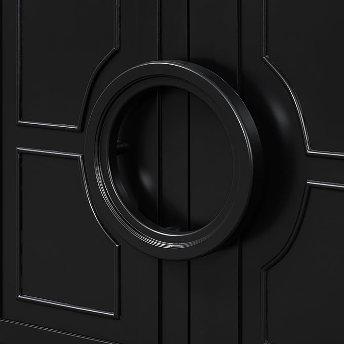 Modern Retro Sideboard Storage Cabinet with 4 Doors and Round Ring Handle, Wood 59'' Accent Entryway Console Table for Living Rooms Entrance Dining Room (Black-FI)