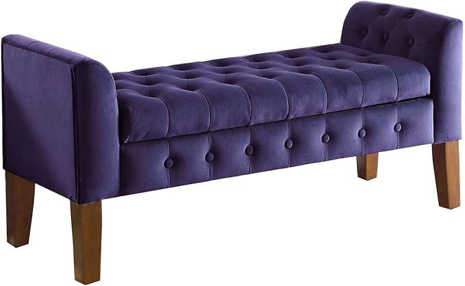 HomePop Velvet Tufted Storage Bench Settee with Hinged Lid, Purple 50" x 18" x 23"