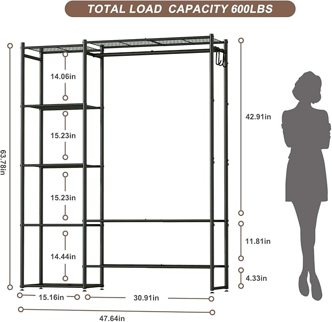 Wardrobe Closet, Portable Clothing Rack for Hanging Clothes, Free Standing Closet Organizers and Storage System with 4 Tiers Shelves for Cloakroom Bedroom, Black