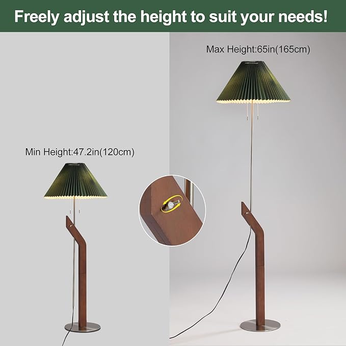Floor Lamps for Living Room,Mid Century Modern Wood Large Floor Lamp,Height Adjustable Study Room,Bedroom,Office Tall Standing Floor Lamp,Green Pleated Lampshade