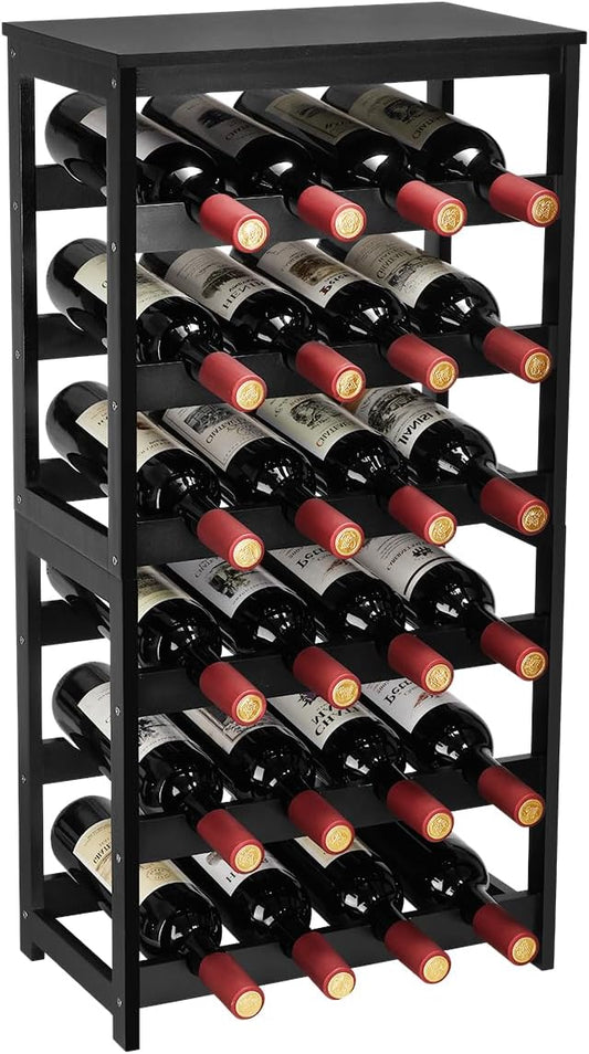 Wine Rack 24-Botttle Freestanding Floor, 6-Tier Wine Rack Shelf with Table Top, Bamboo Display Wine Storage Shelves Kitchen Bar Dining Room Living Room, Black