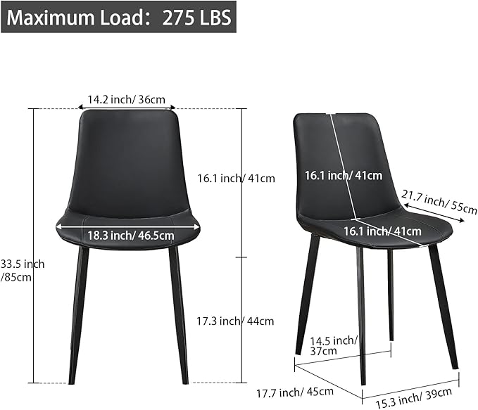 Black Dining Chairs Set of 4, Faux Leather Mid Century Modern Chairs with Metal Chair Legs, Kitchen Chairs for Dining Room, Restaurant, Living Room