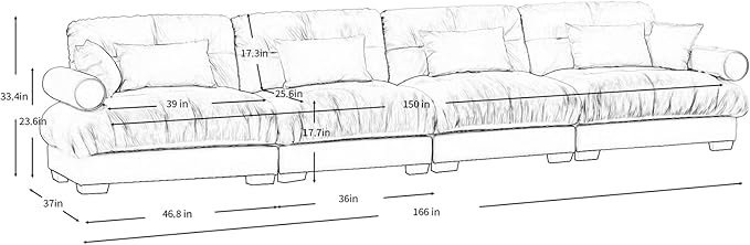 166" Oversized Couch, 4 Seater Modular Sectional Sofa, Olive Large Sectional Couches for Living Room, 4 Seater Velvet Fluffy Cloud Couch Set with 6 Pillows, Deep Seat Sofas for Living Room