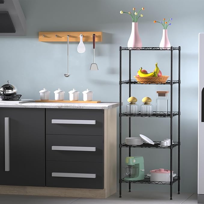 5 Tier Standing Metal Wire Shelving Unit, Adjustable Height, Storage Shelf Units for Laundry Bathroom Kitchen Pantry Closet (11.6" D x 16.6" W x 49" H inches, Black)