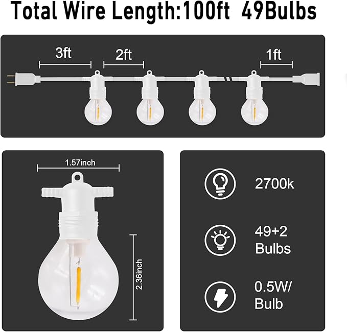 HISTAR 100FT White Outdoor String Lights with 49+2 Led Bulbs, G40 Globe Patio Lights for Backyard Porch Balcony Party Decor