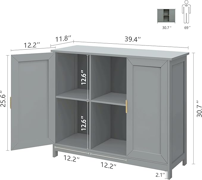 TaoHFE Grey Kitchen Pantry, Modern Wooden Small Credenza Sideboard Coffee Station, Storage Small Cabinet with Doors and Shelves for Kitchen