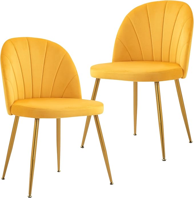 Velvet Dining Chairs Set of 2, Upholstered Mid Century Modern Dining Chairs, Armless Accent Chair with Metal Gold Legs for Living Room, Kitchen, Dining Room, Yellow