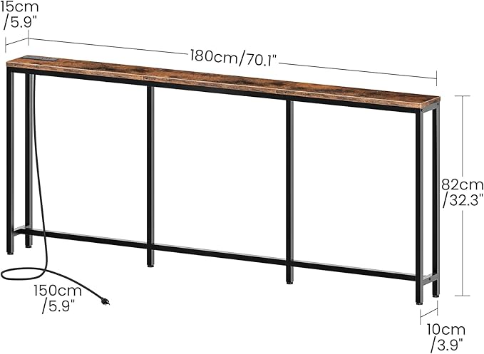 70.9" Console Table with Charging Station, Narrow Long Behind Couch Table, with 2 AC Outlets, 1 USB-A Port and 1 Type-C Port Rustic Brown and Black TXG28UBF