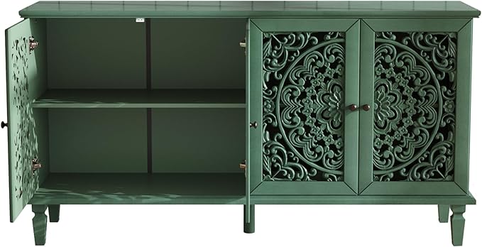 Retro 60'' Large Storage Cabinet Sideboard with 4 Hollow-Carved Doors and Adjustable Shelves, Acacia Wood Vintage Entryway Console Table TV Stand for Living Room Dining Room (Antique Green-LK)