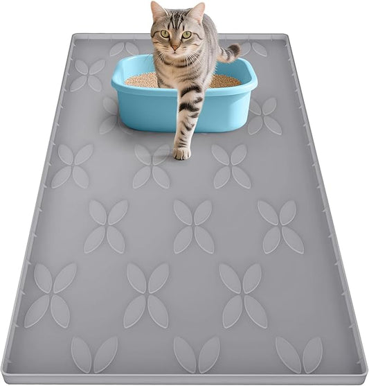 Cat Litter Mat, Large 34" x 22" Litter Box Mat, Waterproof Silicone Litter Mat for Litter Box, Non-Slip, Easy to Clean (Dark Grey)
