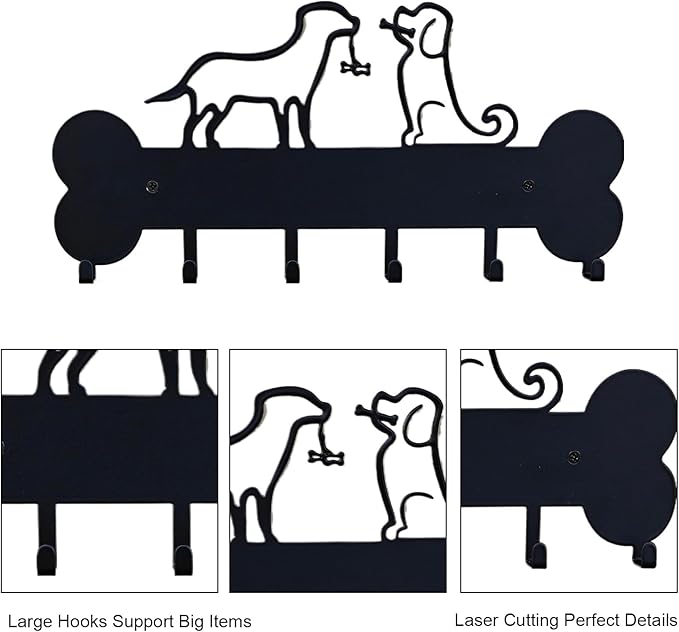 Dog Leash Holder Wall Mount, Dog Supply Organizer with 6 Hooks, Metal Key Hooks for Wall， Wall Storage for Hanging Leash, Vest, Harness, Keys