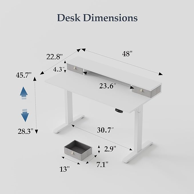 Klicelor 48 Inch Electric Standing Desk with Drawers, Adjustable Height Small Sit Stand Desk for Home Office, Compact Computer Workstation with Storage– White