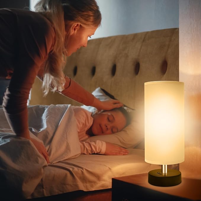 Small Lamp for Bedroom, Bedside Lamps for Night Stands, Mini Minimalist Table Lamp with Round Gray Fabric Shade, 11.4 Inch Desk Reading Lamp for Dorm Room Living Room Office Room, 2 Pack