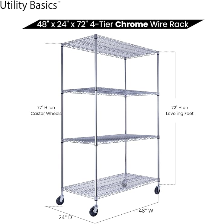 NSF Commercial 4-Tier Wire Shelving with Wheels, 48"x24"x72" Heavy Duty Metal Shelves 3200 lbs Max Capacity, Chrome Storage Rack for Garage Kitchen Pantry Warehouse