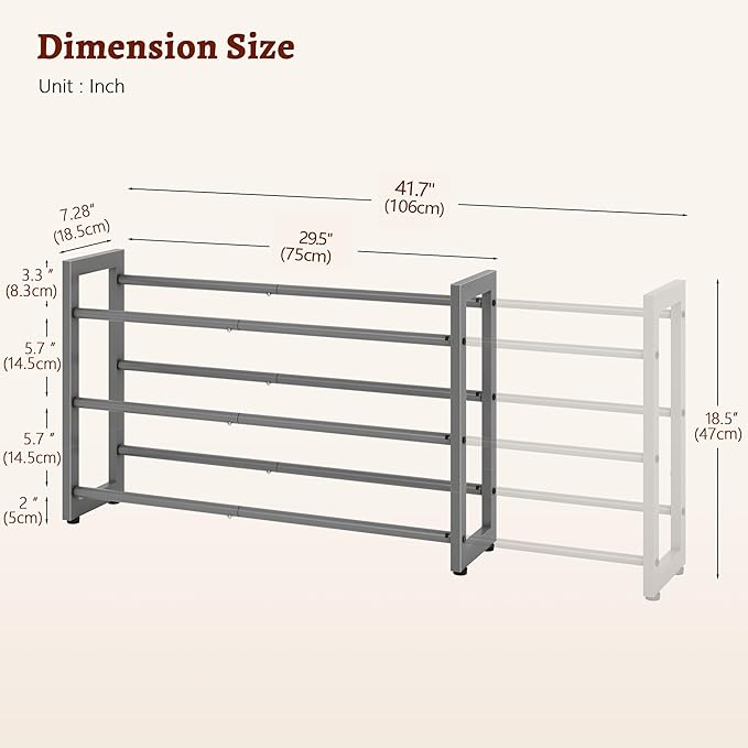 FAVOOSTY 3-Tier Expandable Shoe Rack, Adjustable Shoe Shelf Storage Organizer Space Saving Metal Free Standing Shoe Rack for Entryway Closet Doorway, Silver Grey
