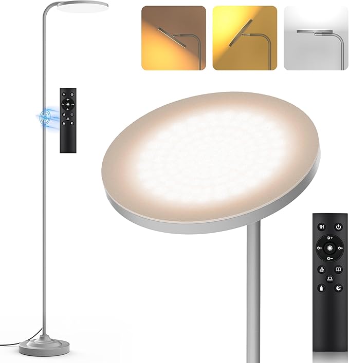 36W LED Floor Lamp, Super Bright Standing Lamp, Modern Stepless Dimmable Torchiere Tall Lamp with Remote Control, 350°Rotating Head Reading Floor Lamp for Living Room, Bedroom - Silvery Grey