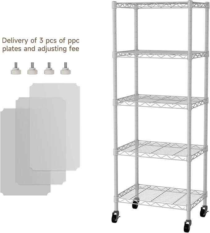 Small 5 Tier Shelves Storage Wire Shelving Unit Metal Shelf Adjustable Organizers Storage Shelving with Wheels for Bathroom Laundry Room Kitchen Pantry12”D x 18”W x 57.2”H White