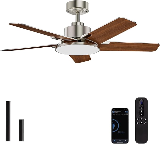44 Inch Ceiling Fans with Lights, Modern Nickel Ceiling Fan with Dimmable LED, 6 Speeds, Timer, Quiet Reversible DC Motor, Remote Control Ceiling Fan for Bedroom, Living Room and Kitchen