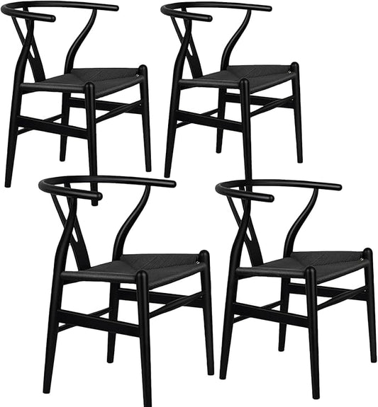 Wishbone Chair Natural Solid Wood Dining Chair/Hans Vegner Y Chair Rattan and Wood Accent Armrest Chairs Set of 4 (Ash Wood - Black)