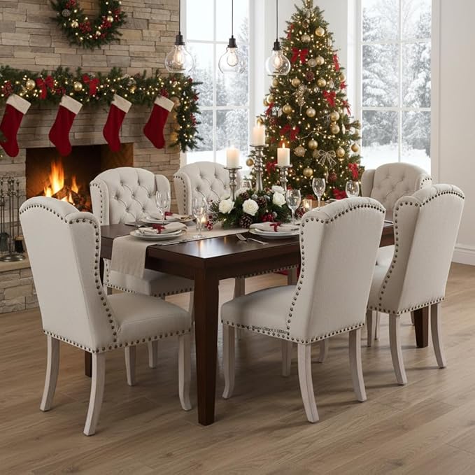 DUOMAY Modern Tufted Dining Chairs Set of 6, Linen Upholstered Dining Room Chairs Armless Guest Side Chair for Kitchen Dining Room, Wingback Accent Chairs with Solid Wood, Beige