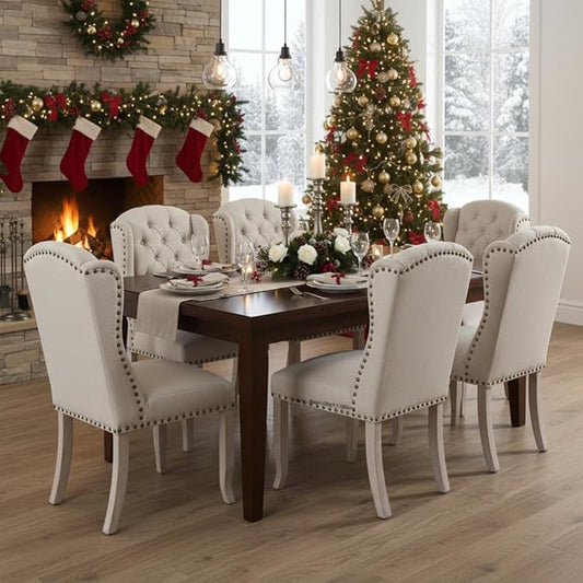 DUOMAY Modern Tufted Dining Chairs Set of 6, Linen Upholstered Dining Room Chairs Armless Guest Side Chair for Kitchen Dining Room, Wingback Accent Chairs with Solid Wood, Beige