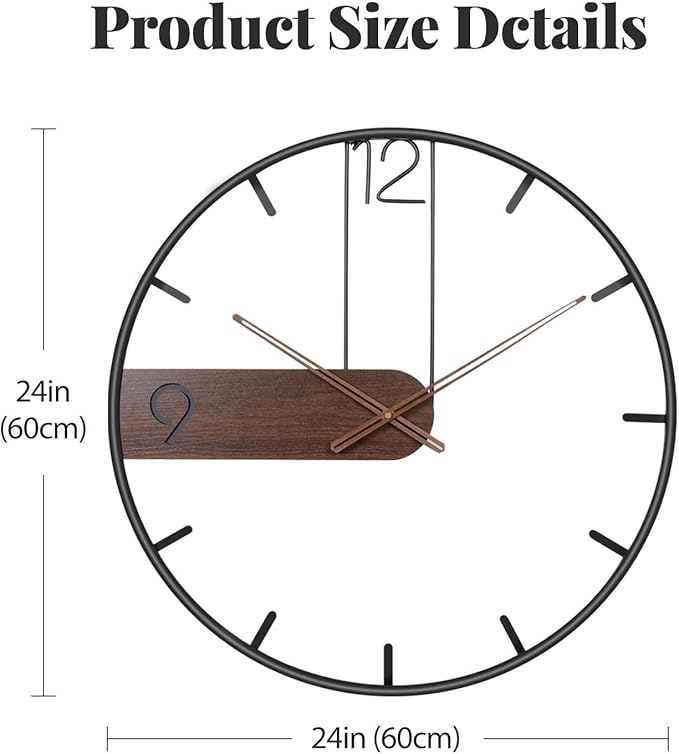 Modern Large Wall Clock 24 Inch, Wood Metal Frame Silent Non Ticking Battery Operated Wall Clocks Decoration for Living Room, Bedroom, Kitchen, Minimalist Walnut Dial Arabic Numerals