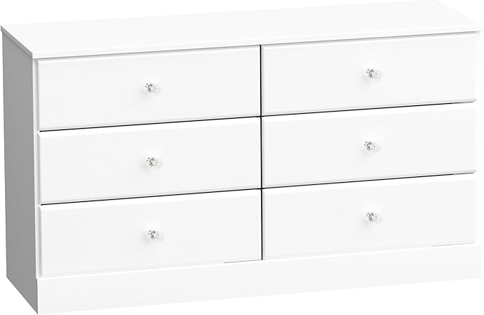 Prepac Astrid 6 Drawer Double Dresser for Bedroom with Crystal Knobs, Wide Chest of Drawers, Bedroom Furniture, Clothes Storage and Organizer, 15.5" D x 47.5" W x 26.85" H, White