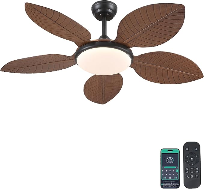 Ceiling Fans with Lights and Remote/APP Control, 48 Inch Tropical Ceiling Fan for Bedroom Living Room, Outdoor Palm Leaf Ceiling Fan for Patios Porch, Dimmable, 6 Speeds, Reversible, Brown