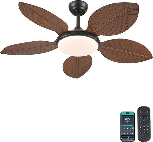 Ceiling Fans with Lights and Remote/APP Control, 48 Inch Tropical Ceiling Fan for Bedroom Living Room, Outdoor Palm Leaf Ceiling Fan for Patios Porch, Dimmable, 6 Speeds, Reversible, Brown