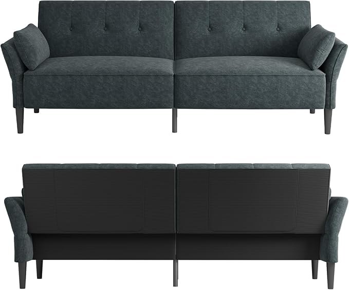 89” Futon Sofa Bed, Comfy Futon Couch Bed with 2 Square Pillows,Convertible Sleeper Sofa with Adjustable Backrest& Armrests, Modern Loveseat Sleeper for Living Room,Velvet Fabric Dark Gray