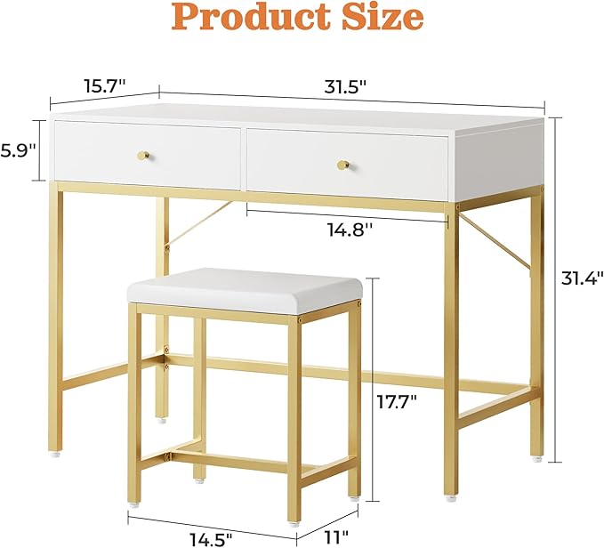 SUPERJARE 31.5" White and Gold Desk with 2 Drawers, Modern Makeup Vanity with Padded Stool, Small Computer Desk Home Office Desk for Writing Study Bedroom