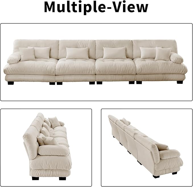 173.2" Oversized Couch, 4 Seater Modular Sectional Sofa, Beige Sectional Fluffy Chenille Cloud Couch Set with 6 Pillows, Deep Seat Sofas for Living Room
