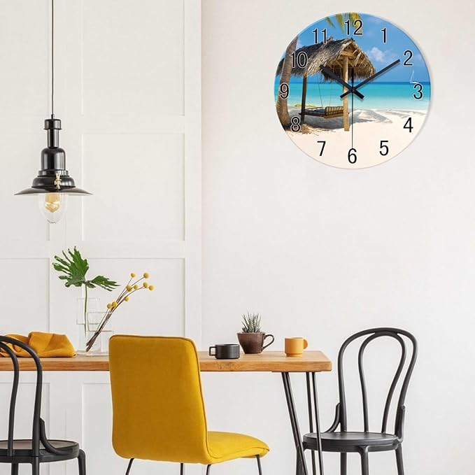 XFM Tropical Beach Wall Clock 12 Inch Silent Coastal Wall Clocks Battery Operated Blue Analog Wall Clock for Living Room Bedroom Office Decor