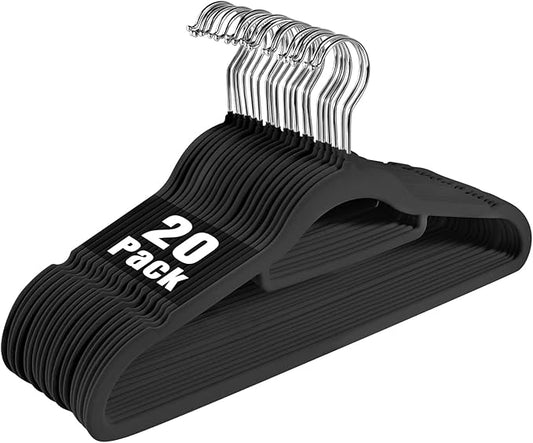 Velvet Non-Slip Black Hangers - Space-Saving Heavy-Duty Suit Hangers with 360° Swivel Hook - 20 Pack