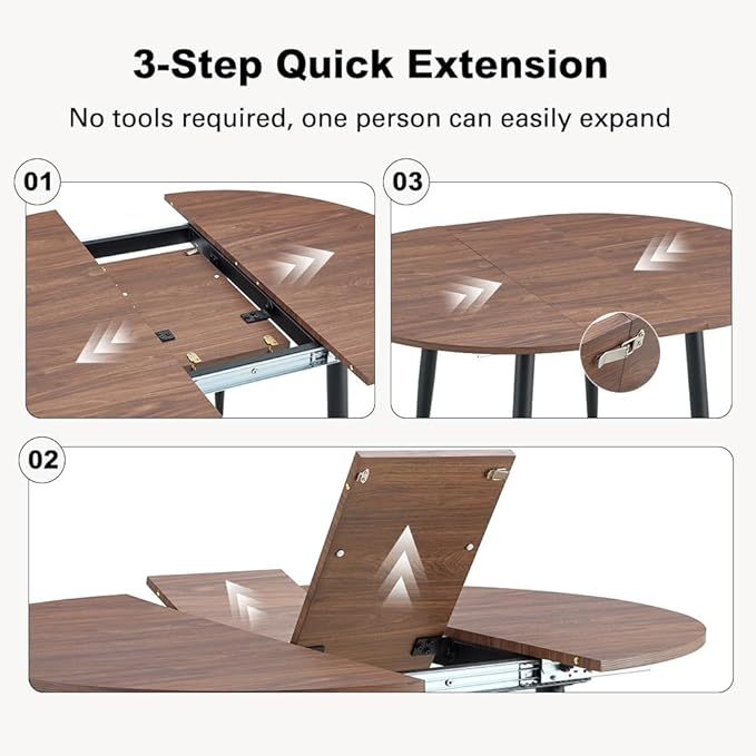 42" Round Dining Table for 4, 54" Oval Dining Table for 6, Extendable Kitchen & Dining Room Table with Metal Legs, Modern Rustic Space-Saving Adjustable Shape Dinner Table, Easy Assembly,Walnut