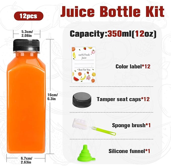 12pcs 12oz Plastic Juice Bottles, Reusable Juice Containers with Black Tamper Proof Lids, Brush, Funnel and Labels, Clear Juice Containers for Juicing, Smoothie and Homemade Beverages
