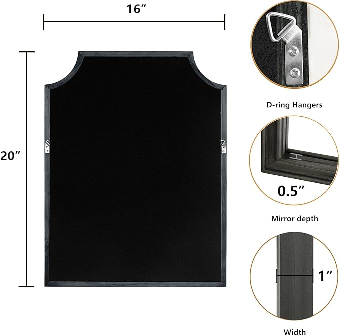 WallBeyond Scalloped Wood Mirror for Wall Decor 16x20 Inch Black Small Bathroom Vanity Rectangle Mirror for Hallway Bedroom Living Room(Black)