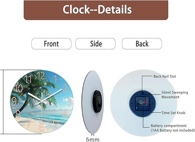 XFM Beach Wall Clock Silent Non-Ticking Battery Operated Clocks 12 Inch Blue Ocean Tropical Palm Tree Wall Clock Decorative for Living Room Kitchen Bedroom Office