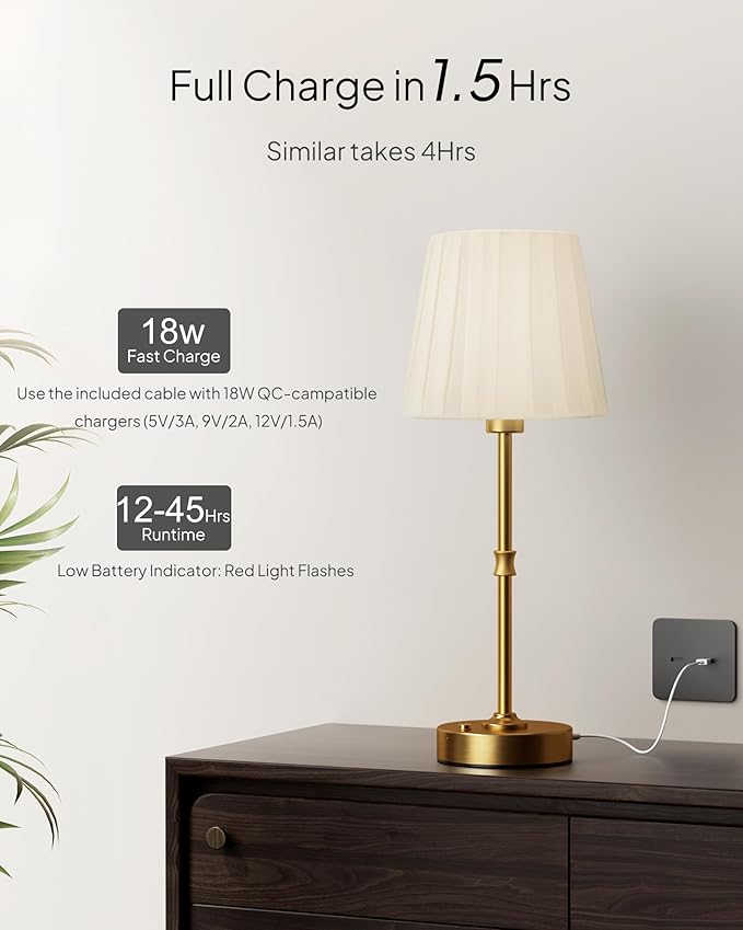 EppieBasic Cordless Table Lamp Rechargeable: Fast Charging & Long Lasting - 2700K Warm Light Vintage Gold Lamps - Dinning Living Room Bedroom - Pleated Shade