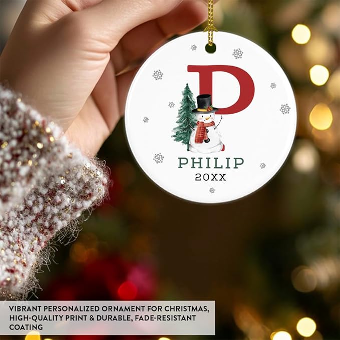 Andaz Press Personalized Ornament, Custom Name, Initial P Monogram Snowman 2.8" Ceramic Porcelain 2025 Christmas Ornament Keepsake for Kids, Boys, Girls, Includes Gold Ribbon & Gift Box, 1-Pack