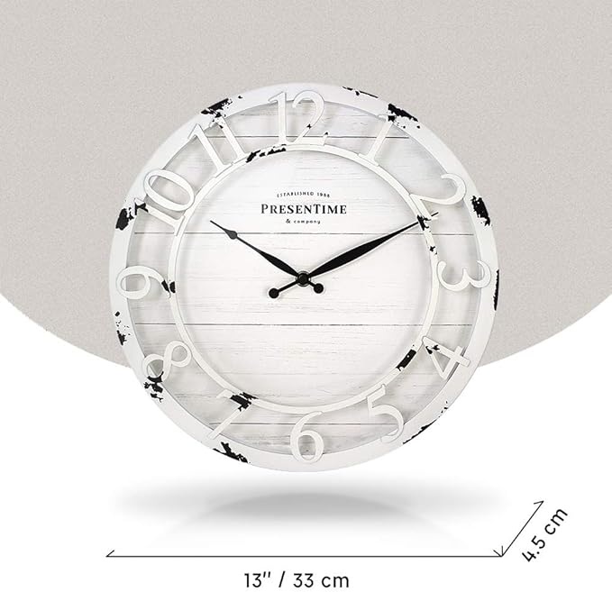 Presentime & Co 13" Farmhouse Series Wall Clock, Quartz Movement, Shiplap Style, Raised 3D Arabic Numeral, Antique Distressed White