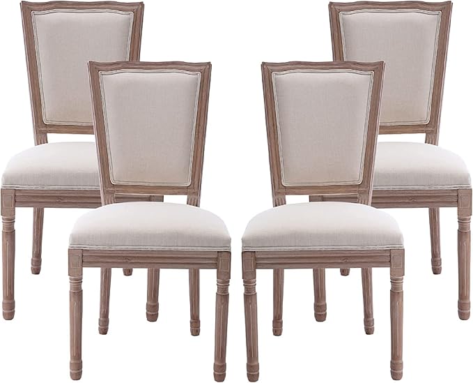 Nrizc Farmhouse Dining Room Chairs Set of 4, French Dining Chairs with Square Back, Brown Wood Legs, French Bistro Chairs for Dining Room/Living Room/Kitchen/Restaurant, Beige