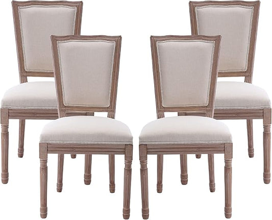Nrizc Farmhouse Dining Room Chairs Set of 4, French Dining Chairs with Square Back, Brown Wood Legs, French Bistro Chairs for Dining Room/Living Room/Kitchen/Restaurant, Beige