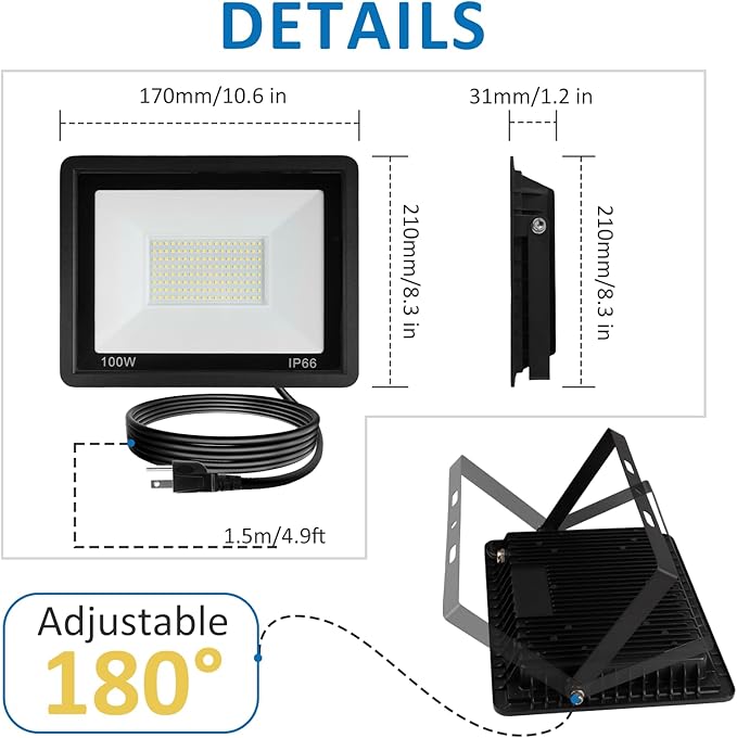 100W LED Flood Light Outdoor, 10000LM Super Bright Floodlight Outside Work Lightwith Plug, 6500K Daylight White LED Flood Light Outdoor, IP66 Waterproof Outdoor Flood Light-1Pack